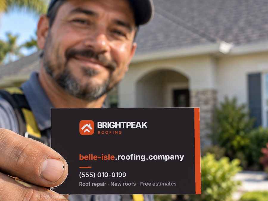 belle-isle.roofing.company on a roofer's business card