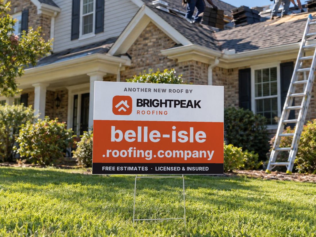belle-isle.roofing.company on a yard sign in front of a house getting a new roof