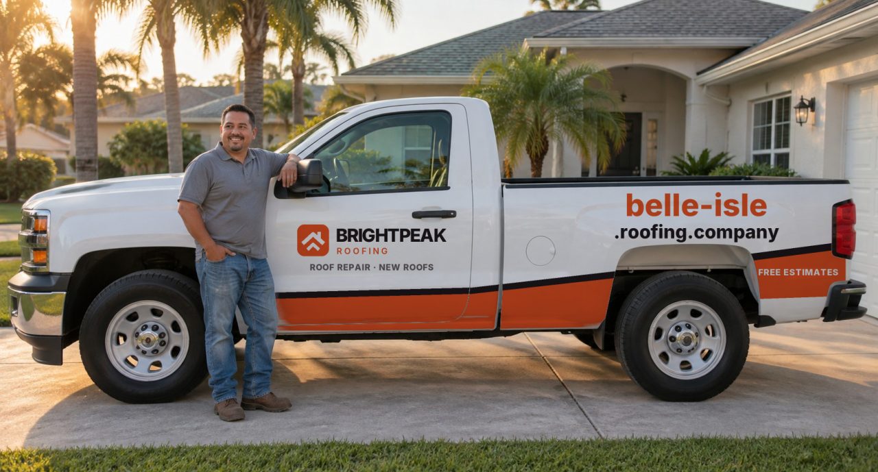 belle-isle.roofing.company painted on the side of a white work truck