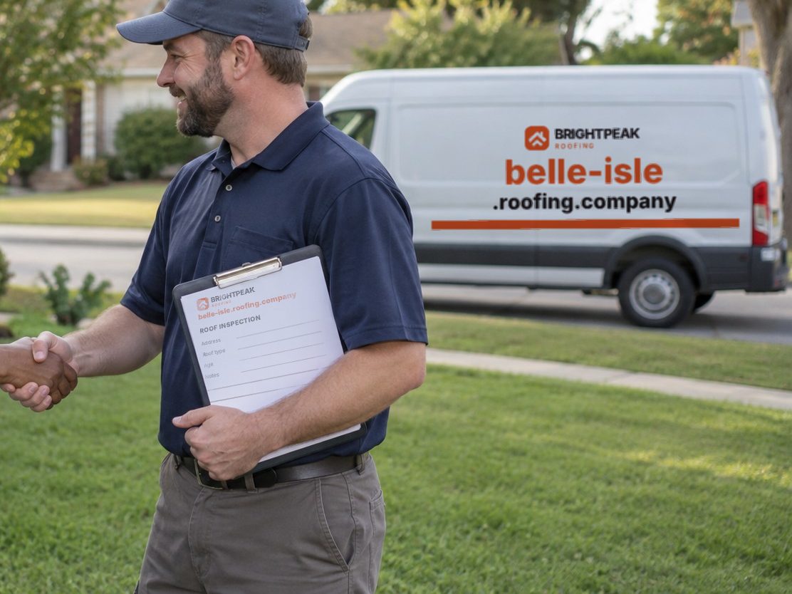 belle-isle.roofing.company on a roofing van and an inspection form